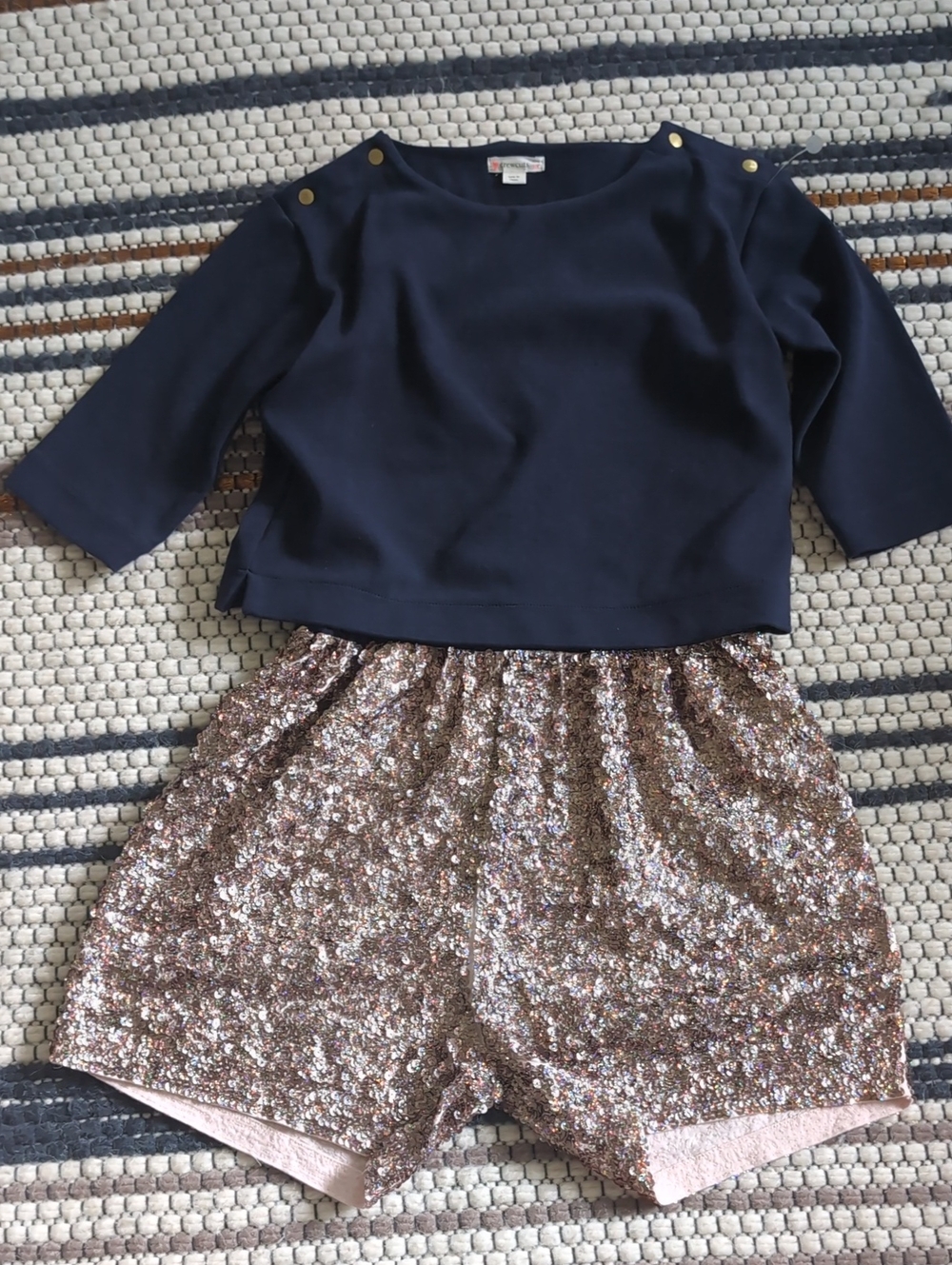 Crewcuts navy/ sequin shorts romper.